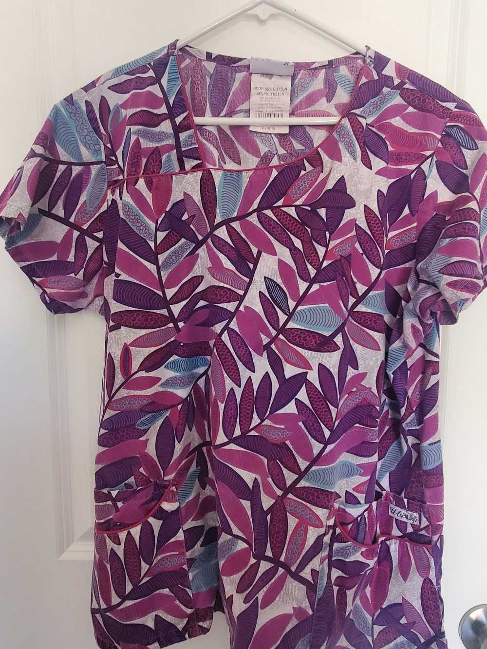 Purple Leaf Print Scrub Top